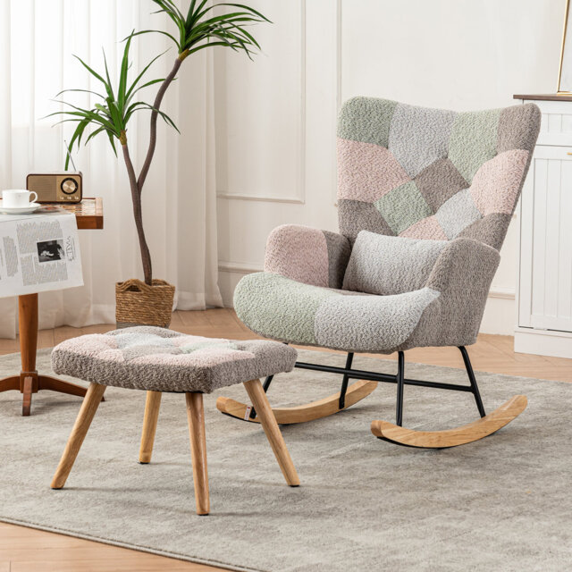 Patchwork Wingback Armchair With Footstool - Retro Fabric Rocking Chair With Side Pocket