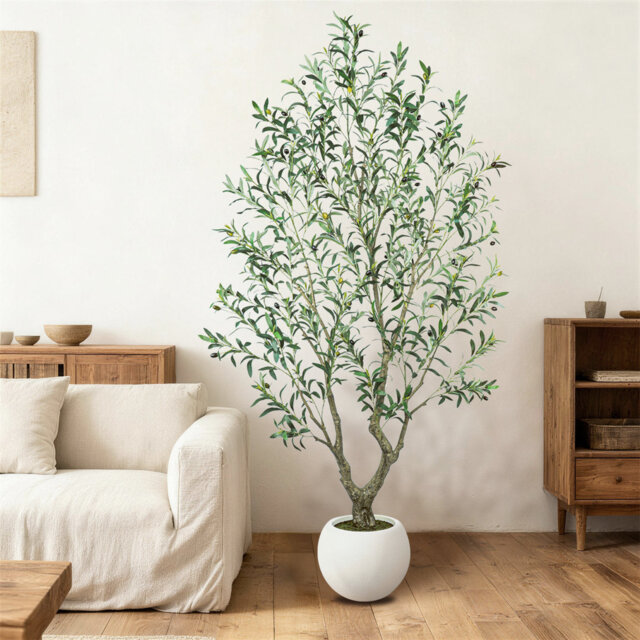 Artificial Olive Tree with White Planter, 5 ft / 6 ft / 7 ft Faux Indoor Tree Modern Minimalist House Mediterranean Decor for Home Office Bedroom Livi
