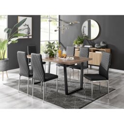 Kylooe Modern Brown Wood And Black Metal Dining Table Set With 6 Quilted Faux Leather Dining Chairs
