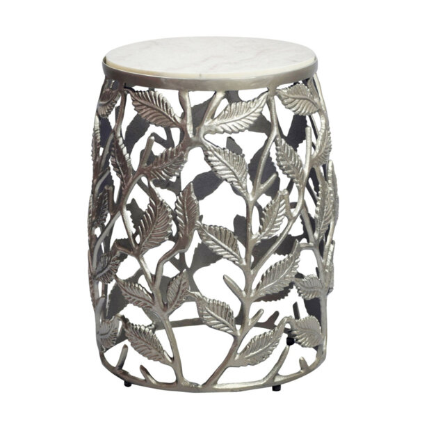 Gold Aluminium Round Side Table with White Marble Top & Leaf Motifs