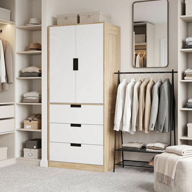 HOMCOM 2 Door Wardrobe with 3 Drawers 50D x 80W x 180Hcm Oak