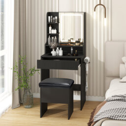Dressing Table With Charging, Led Lighted Mirror Makeup Vanity With Storage Stool, Glass Tabletop