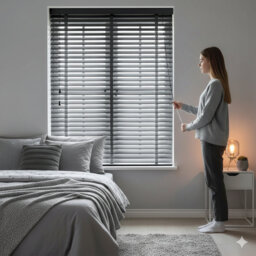 Faux Wood Venetian Blinds with Fabric Tape, Moisture-Resistant Horizontal Slats & Cord Control for Windows