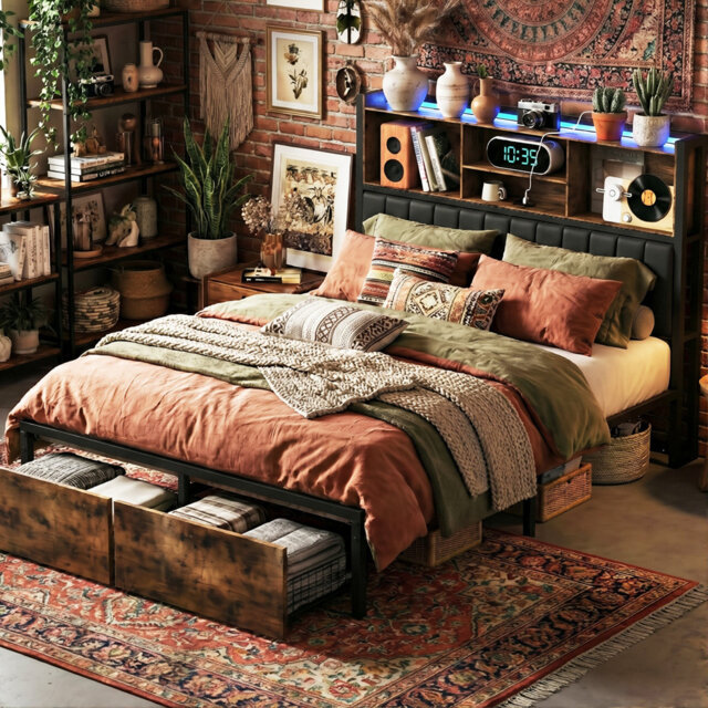 Industrial Metal Upholstered Storage Bed With Bookcase Headboard & Charging Station (USB/Type-C), Rustic Brown & Black PU Frame With LED & 2 Drawers,