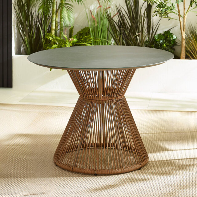 Halleli Metal & Rattan Round Garden Dining Table - Modern Boho Style