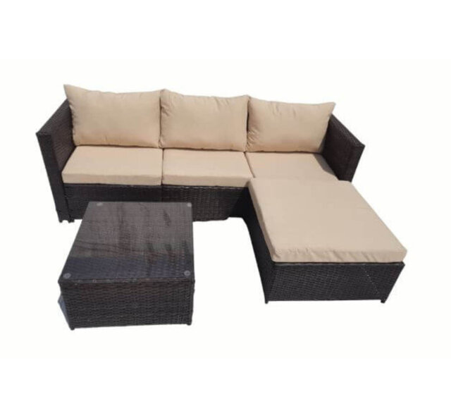 Hampus 3 Seater Rattan Brown/Beige Garden Sofa Set With Large Stool And Coffee Table