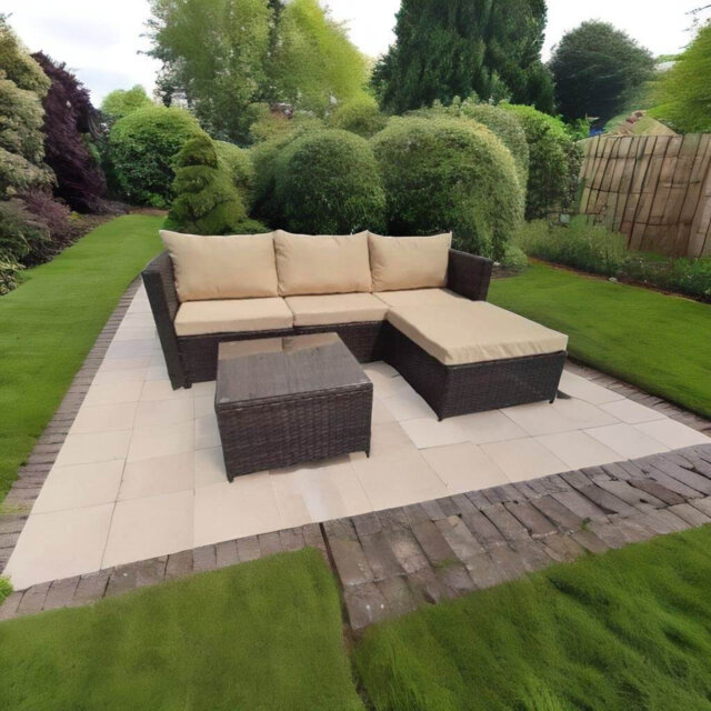 Hampus 3 Seater Rattan Brown/Beige Garden Sofa Set With Large Stool And Coffee Table