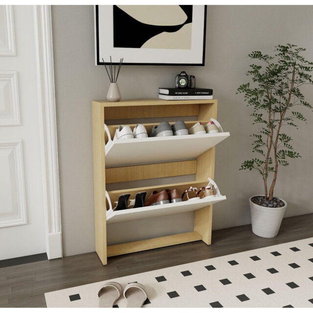 2-Tier Pull Down Shoes Storage Cabinet,with Yellow & White Contrast, For Living Room Hallway