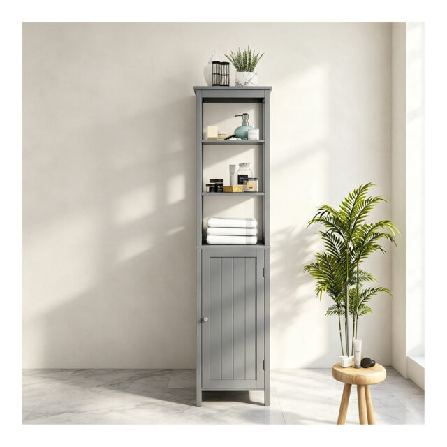 Black Freestanding Tall Narrow Slim Wooden Bathroom Storage Cupboard, 40 x 32 x 161cm, Floor Cabinet with Door, Open Shelves & Adjustable Shelving, Mu