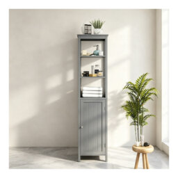 Black Freestanding Tall Narrow Slim Wooden Bathroom Storage Cupboard, 40 x 32 x 161cm, Floor Cabinet with Door, Open Shelves & Adjustable Shelving, Mu