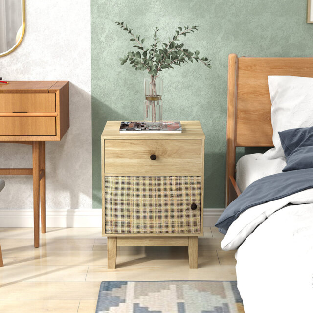 Rattan Nightstand Mid Century Modern Bedside Table W/Drawer