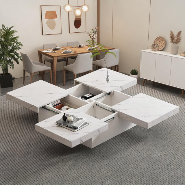 Modern Square Coffee Table with Marble Look, 90x90x25cm Living Room Centre Tea Table with 4 Sliding Drawers, White Particle Board Coffee End Table wit