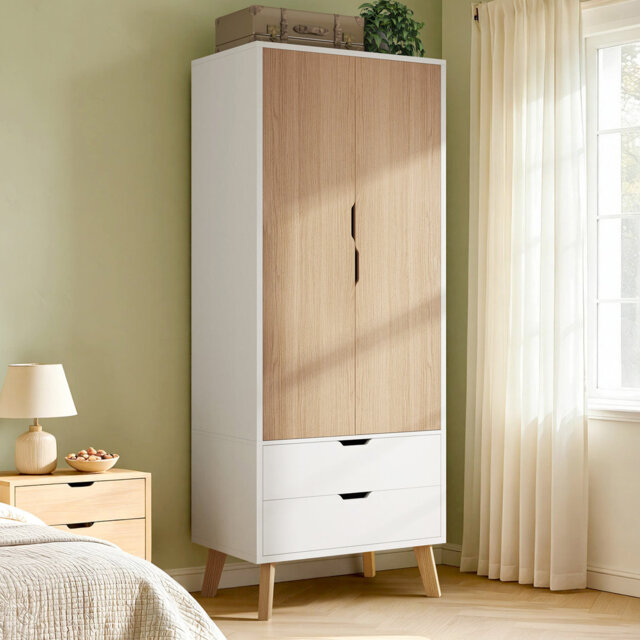 Modern 2 Drawer Wardrobe With Hanging Rail, White And Wood Effect Storage Cabinet, 198cm Tall