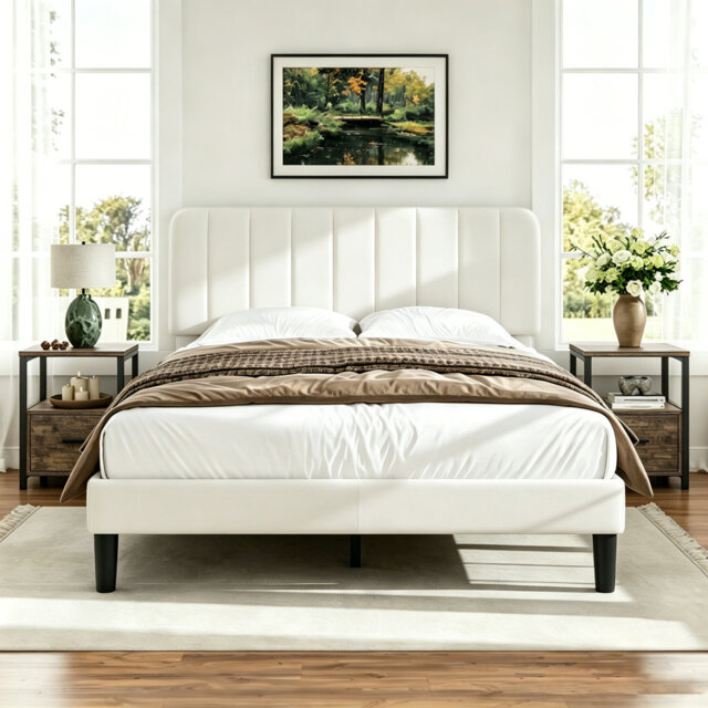 3 Pieces Bedroom Set, Bed Frame with Velvet Upholstered Headboard, Platform Bed Frame and 2 Nightstands with Drawer, No Box Spring Needed, Easy to Ass