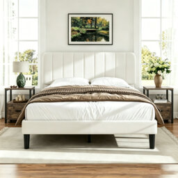 3 Pieces Bedroom Set, Bed Frame with Velvet Upholstered Headboard, Platform Bed Frame and 2 Nightstands with Drawer, No Box Spring Needed, Easy to Ass