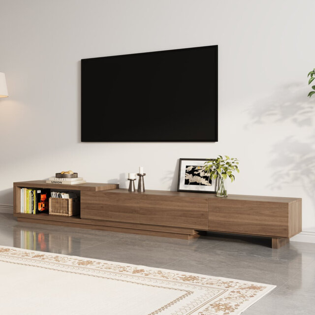 Quoint 1790-2550 Mm Extendable TV Stand With 3 Drawers, Configurable Cabinets & LED Lighting