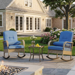 Outdoor Wicker Rocking Chair, Patio Rattan Rocker Chair with Cushions & Steel Frame, All-Weather Rocking Lawn Wicker  for Garden/Backyard,Blue