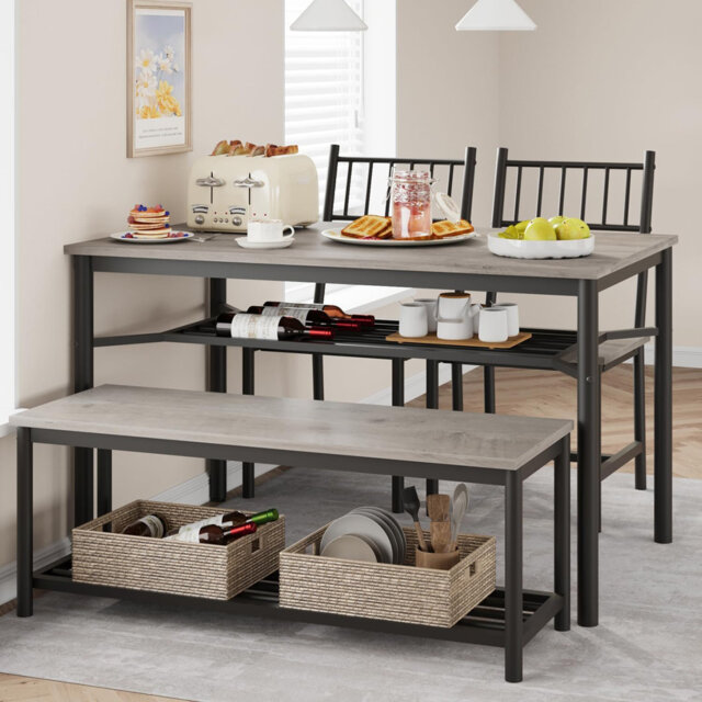 Dining Table Set for 4, Kitchen Table and 2 Chairs With Storage Bench, Kitchen Table Furniture Dining Set With Wine Rack for Small Space Apartment Res