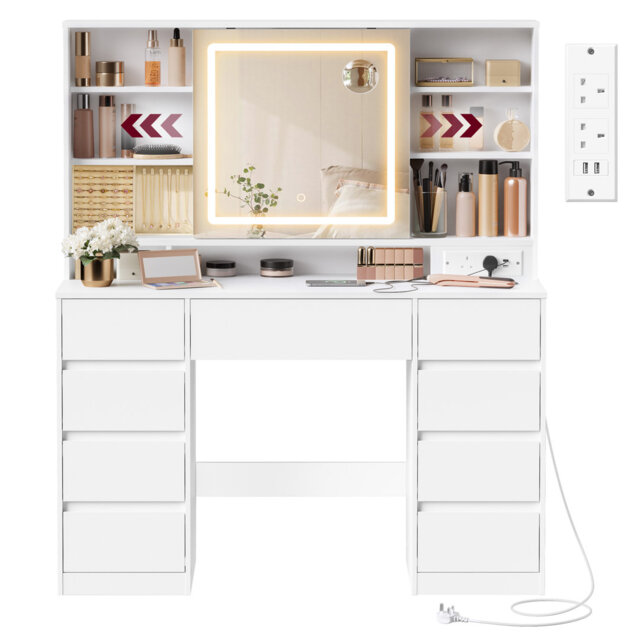 KAILYN Collection - Dressing Table With LED Mirror, Vanity Desk With Power Outlets, 9 Drawers, 10X Magnifying Mirror, 3 Light Colours, Toolless Slide