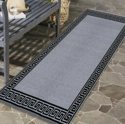 Plain Rug with Greek key Bordered Gel backed Rug Allissia Grey/Black Rug
