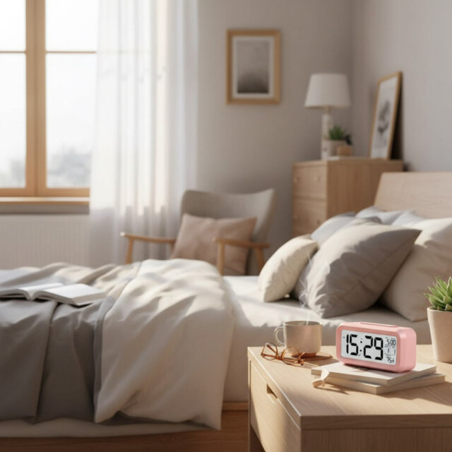 Digital Alarm Clock With LCD Display Desk Smart Electronic Small Clock With Indoor Temperature, Date, Light Sensor, Backlight, Battery Operated (Pink)