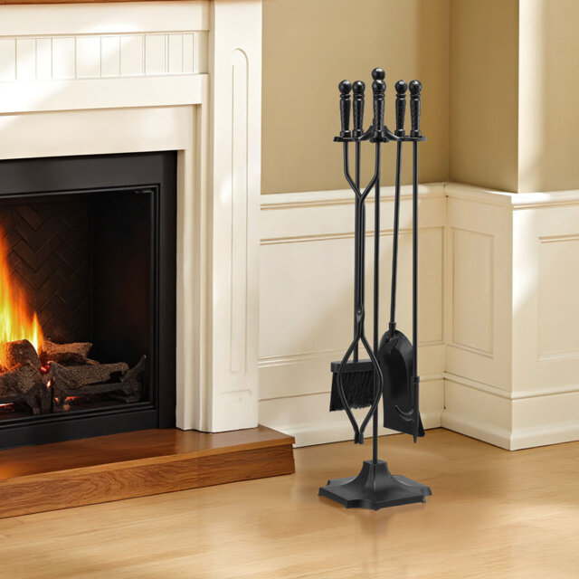 Fireplace Tool Set, 5 PCS Fire Tool Set and Holder with Five-Prong Stand, Tongs, Ash Shovel, Brush, Fire Place Poker, Wrought Iron Fireplace Accessori