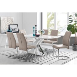 Marietta Chrome Metal and White High Gloss Dining Table Set - 6 Luxury Faux Leather Dining Chairs