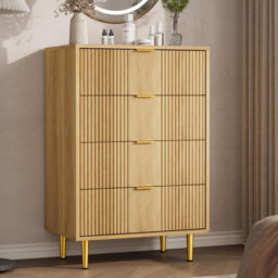 Modern Fluted 4-Drawer Tall Dresser – Space-Saving Wooden Chest with Metal Handles – Bedroom Storage Cabinet, Arc Edge, Durable – Natural Wood Grain,