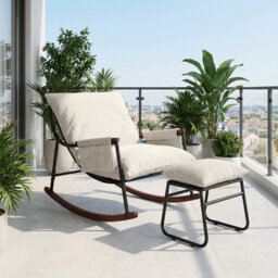 Wooden Armrest Rocking Chair With Footstool, Striped Fabric