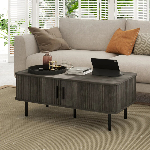 Coffee Table With Storage, Living Room Table With Slatted Tambour Sliding Doors And Foot Pads, Rectangular Coffee Table With Elevated Base For Living