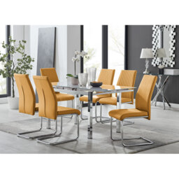 Tierra Modern Glass & Metal Extendable Dining Table Set & 6 Luxury Faux Leather Dining Chairs