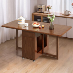 Solid Wood Folding Dining Set, Walnut Table with 4 Chairs, 2 Storage Drawers and Rolling Casters