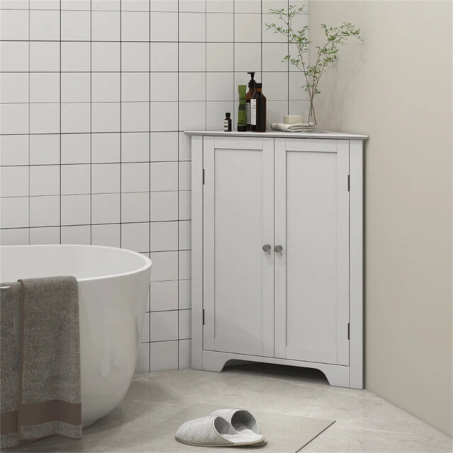 Triangle Bathroom Cabinet, Corner Bathroom Storage Unit With Adjustable Shelf And Recessed Door, Free Standing