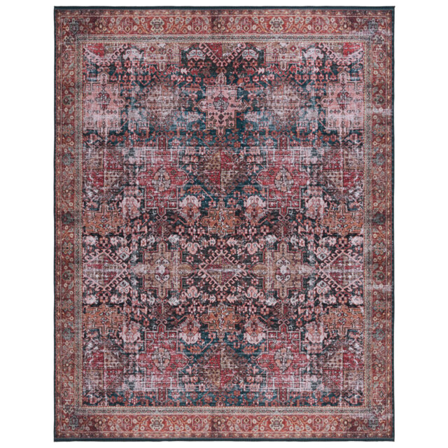 Tucson Vintage Look Machine Washable Non-Slip Area Rug in Red, Navy & Beige