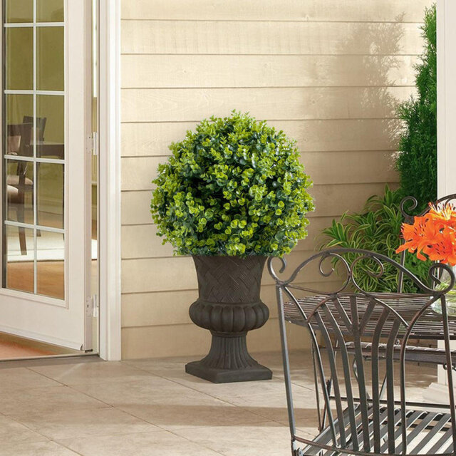 Artificial Topiary Ball Tree with Metal Ground Spike Set of 2/4, Fake Artificial Topiary Eucalyptus Tree for Garden Patio Indoor and Outdoor Decor