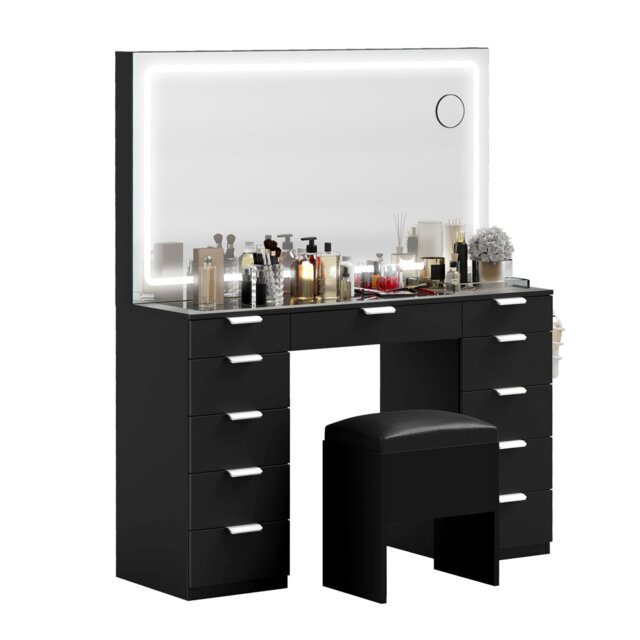 Cristella 11- Drawer Black Dressing Table with Mirror, Modern Makeup Vanity Table by Wayfair | uFurnish.com Cristella 11- Drawer Black Dressing Table with Mirror, Modern Makeup Vanity Table by Wayfair | uFurnish.com