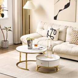 Opal Modern Nesting Coffee Table Set – 2-Piece Sintered Stone Tables with Gold/Silver Chrome Legs