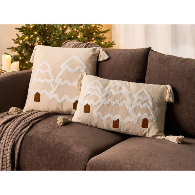 Set of 2 Decorative Cushions INTSIA Cotton 30 x 50 cm 45 x 45 cm Light Beige Christmas Motif