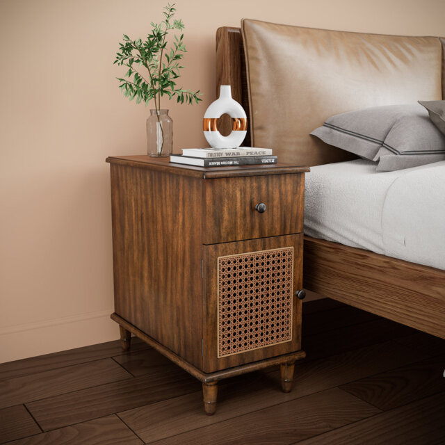 Wood Rattan Side Table with Storage