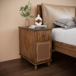 Wood Rattan Side Table with Storage