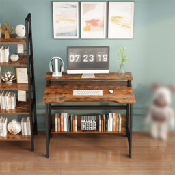 Space-saving computer desk with monitor stand – Ideal for home office & small rooms – 2-tier laptop desk with shelf, stable, storage – Desk 80x50x87cm