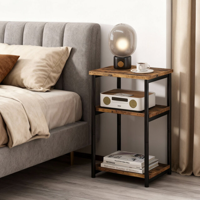Slim 3-Tier End Table with Storage Shelf – Modern Wood & Metal Narrow Sofa Side Table – Space-Saving Bedside Table for Living Room, Bedroom, Office –
