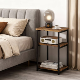 Slim 3-Tier End Table with Storage Shelf – Modern Wood & Metal Narrow Sofa Side Table – Space-Saving Bedside Table for Living Room, Bedroom, Office –