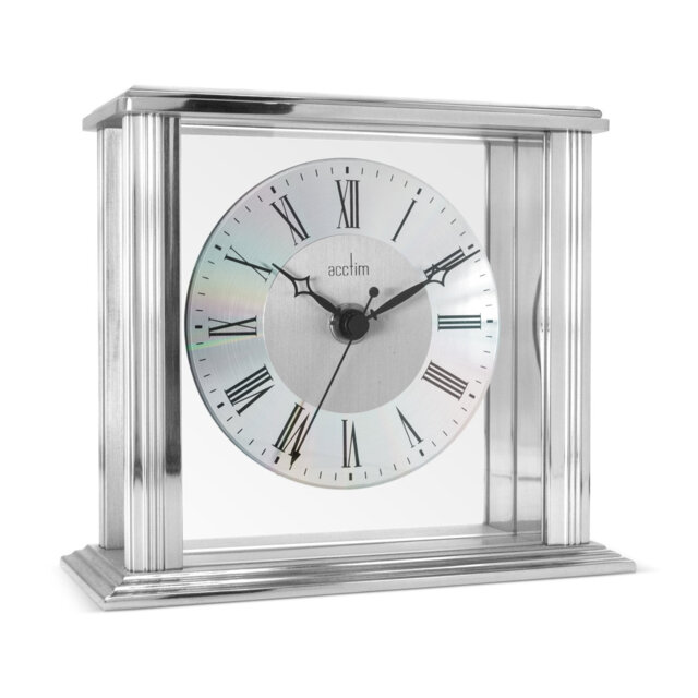 Acctim Hamilton Mantel Clock Quartz Brushed Metal & Glass Floating Effect Energy Efficient Silver