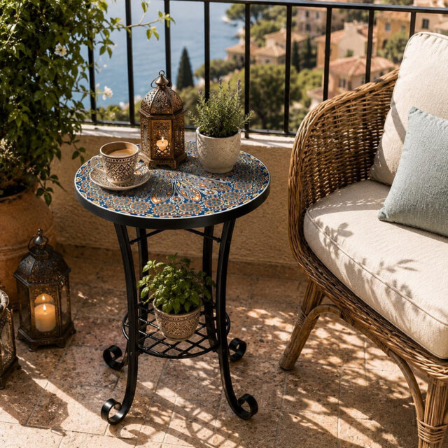 Cairo Mosaic Plant Stand Side Table 35cm Ceramic Tile Top Metal Frame for Indoor Outdoor Use