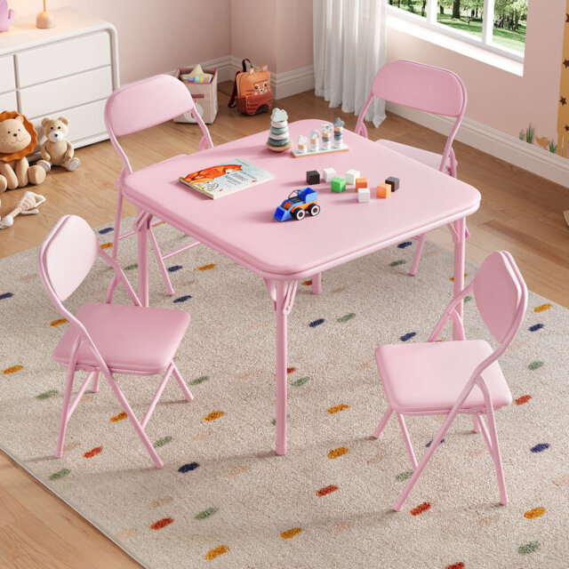 Collapsible Kids Table and Chairs Set – Upholstered PU Leather, Soft Cushions, Metal Frame, Easy to Clean – 5-Piece Activity Furniture for Playroom, B