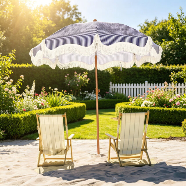 2M Boho Fringed Beach Umbrella, UPF50+ UV Protection Round Patio Parasol, Wind Resistant with Ground Drill & Carry Bag for Garden Balcony Terrace, Ivo