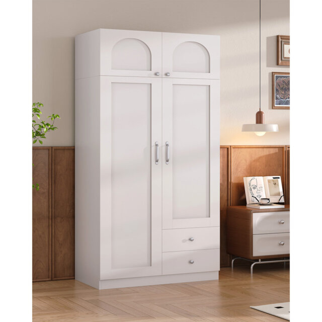4 Door 2 Drawer Wardrobe, with Hanging Rail and Storage Shelf, Modern White Wardrobe Storage Clothes Shelf for Bedroom