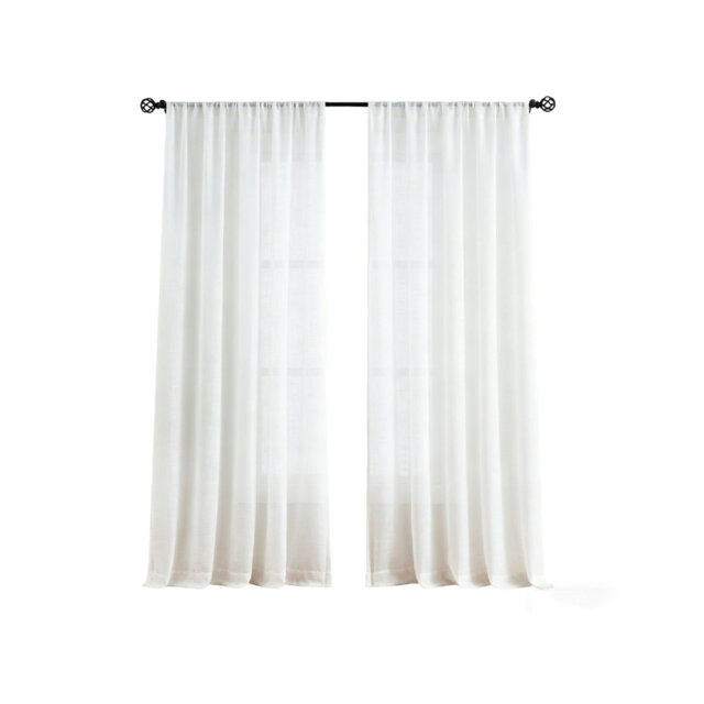 "Linen Textured White Sheer Farmhouse Curtains 90 Inch Long Rod Pocket Light Filtering Semi Sheer Window Curtain Panels Privacy Voile 52"" W 2 Pcs"