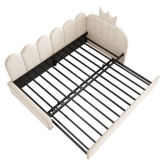 Velvet 3FT Single Upholstered Daybed with Crown-Shaped Pull-Out Trundle, Metal Slatted Frame, 90x190 cm